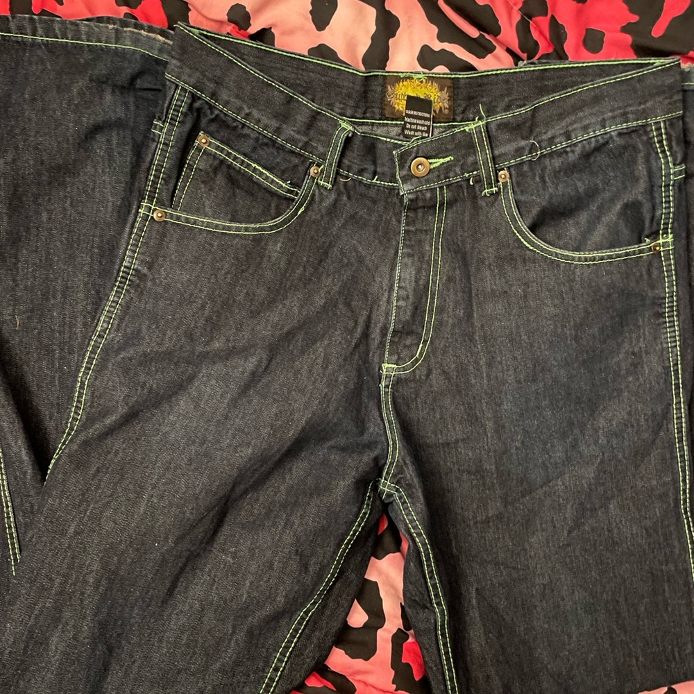 Y2K Men's Dark Blue Jeans with green stitching